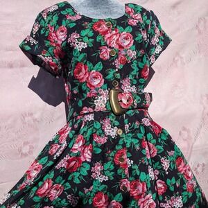 Vintage 80s Black Floral Dress Large Button Front Belted Cottagecore Midi Maxi